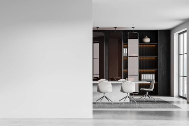 Toplantı masası, koltuklar, klasörlü raflar. Gökdelenlerin panoramik penceresi. Uzay duvarının bölümlerini kopyala. 3B görüntüleme