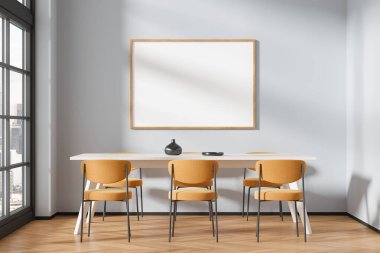 Gri duvarları, ahşap zemini, sarı sandalyeli uzun yemek masası ve duvarında yatay maket posteri olan modern yemek odasının içi. 3d oluşturma