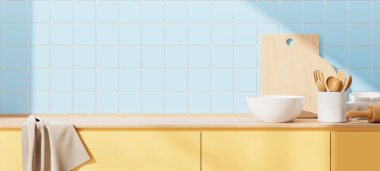 Mutfak mutfağının içini mutfak malzemeleri ve havluyla doldurdum. Fotokopi odası boş, yemek pişirme alanı da boş. Tabaklar ve tahta kesme tahtasıyla ahşap tezgahı kapatın. 3B görüntüleme