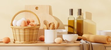 Ahşap sepet, yumurta, havlu ve mutfak gereçleri tezgahta. Modern apartmanda Paskalya tatili için yemek pişirmek. 3B görüntüleme