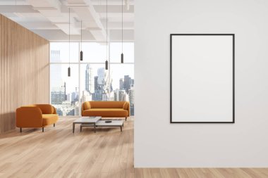 Ahşap otel odasının içinde koltuk ve kanepe, dekorasyonlu kahve masası ve New York gökdelenlerinin panoramik penceresi. Bölüme boş bir fotokopi odası posteri koyun. 3B görüntüleme