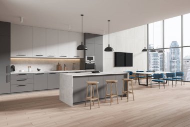 Beyaz duvarları, ahşap zemini, gri dolapları, tabureli rahat bir adası ve mavi sandalyeli uzun yemek masası olan şık bir mutfağın köşesi. 3d oluşturma