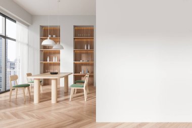 Beyaz duvarları, ahşap zemini, yeşil sandalyeli uzun yemek masası ve ahşap dolapları olan modern yemek odasının içi. Sağ taraftaki uzay duvarını kopyala. 3d oluşturma