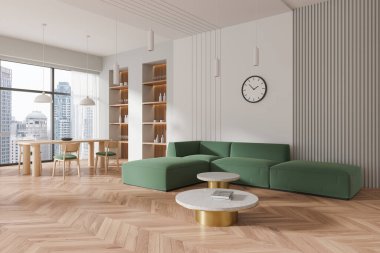 Oturma odası manzarası, yumuşak bir yer, yeşil kanepe ve sandalyeli yemek masası. Bangkok 'ta panoramik pencereli modern bir salon. 3B görüntüleme