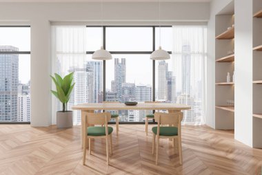 Beyaz duvarlı modern yemek odasının köşesi, ahşap zemin, yeşil sandalyeli uzun yemek masası ve ahşap dolaplar. 3d oluşturma