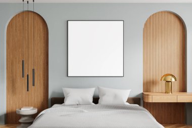 Gri duvarları, ahşap zemini, iki komodinli rahat kral yatağı ve duvarında kare şeklinde poster olan modern yatak odasının içi. 3d oluşturma