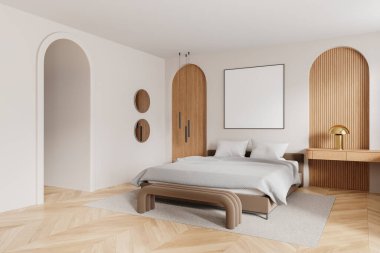 Otel odasının köşesi iç yatak ve yatak odası, dekorasyonlu çekmece. Kemer kapılı uyku alanı ve bej duvardaki kare tuval posteriyle. 3B görüntüleme