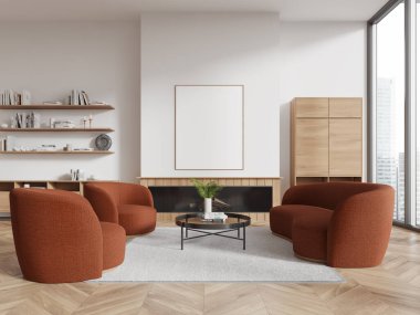 Beyaz duvarları, ahşap zemini, rahat kahverengi koltuğu ve sehpa ve şöminenin yanında dikey maket posteriyle duran şöminesi olan modern oturma odasının içi. 3d oluşturma