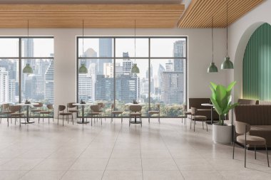 Beyaz ve yeşil duvarları, döşemeleri, sandalyeli yuvarlak masaları ve kahverengi koltukları olan modern restoranın içi. 3d oluşturma