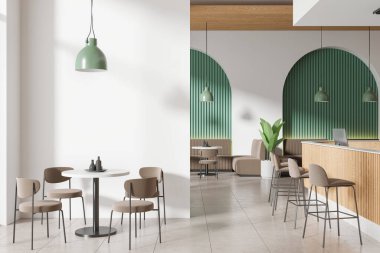 Beyaz ve yeşil duvarları olan şık bir restoran, fayanslı zemin, ahşap bar tezgahı ve sandalyeli yuvarlak masalar. Soldaki boş duvar. 3d oluşturma