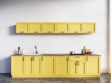 Sarı ev mutfağı, lavabo ve soba, mutfak gereçleri ahşap tezgahta. Modern dairede minimalist tasarımı olan minimalist yemek dolabı. 3B görüntüleme