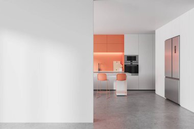 Lüks beyaz ev mutfağı. Bar adası ve taburesi var. Mutfak gereçleri var. Yemek ve pişirme alanı, buzdolabı. Boşluk duvarını kopyala. 3B görüntüleme