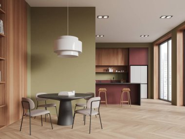 Bar tezgahı, mutfak malzemeleri ve buzdolabı olan şık bir ev mutfağı. Sandalyeli yemek masası, dekorasyonlu raf, gökdelenlerin panoramik penceresi. 3B görüntüleme