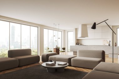 Ev stüdyosunun iç tarafı. Halıda kanepe, yerde ahşap döşeme. Yemek masası ve bar adasıyla yemek pişirme alanı. Bangkok gökdelenlerinin panoramik penceresi. 3B görüntüleme