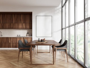 Modern ev mutfağı. Yemek masası, sandalyeler, ahşap döşeme. Yemek dolabı ve tropik bölgelerde panoramik pencere. Bölümdeki tuval posterini taklit et. 3B görüntüleme