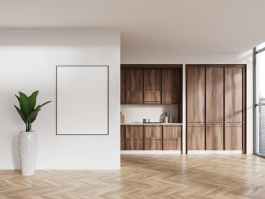 Mutfak dolabı ve mutfak gereçleriyle dolu. Rafları ve panoramik penceresi olan modern yemek alanı. Duvar bölmesindeki tuval posteri. 3B görüntüleme