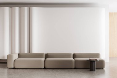 Bej kanepe ve sehpası ve minimalist dekorasyonu olan zarif bir ev oturma odası. Boş duvarın fotokopisini çekilen salon alanı. 3B görüntüleme