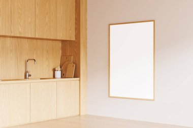 Mutfak manzarası, ahşap dolap, lavabo ve mutfak gereçleri tezgahta. Modern apartmandaki bej duvardaki tuval posterini taklit et. 3B görüntüleme
