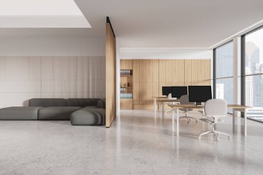 Ofisin içini şık bir şekilde döşemenin üstünde bilgisayar monitörleri, beton zeminde kanepesi olan oturma odası. Bangkok 'taki panoramik pencereyle eş zamanlı çalışma ve soğutma alanı. 3B görüntüleme