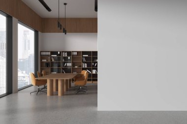 Minimalist konferans içinde sandalyeler, masa, beton zemin. Raf ve panoramik pencereli toplantı ya da müzakere alanı. Boş duvar bölümlerini kopyala. 3B görüntüleme