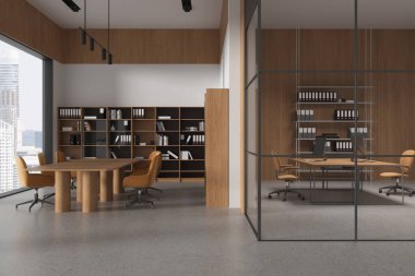 Beyaz ve ahşap duvarları, beton zemini, sarı sandalyeli uzun toplantı masası ve yanında açık alan olan şık ofis toplantı odasının içi. 3d oluşturma