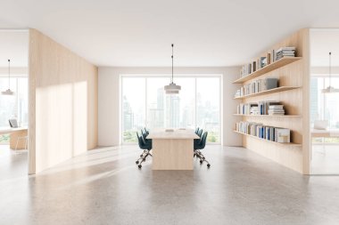 Konferans masası ve sandalyeli şık ofis işleri, Bangkok şehrinin gökdelenleri üzerinde kitap ve panoramik pencereli ahşap raf. 3B görüntüleme