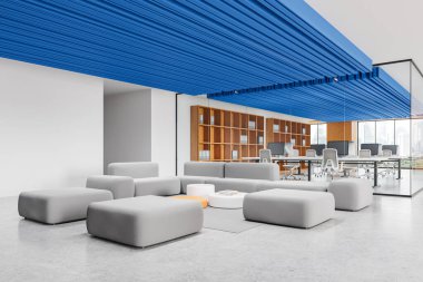 Soğuk alan ve cam çalışma odasıyla iç mekanın köşesi. Bangkok gökdelenlerinde bilgisayar, modüler kanepe ve panoramik pencereli işyeri. 3B görüntüleme