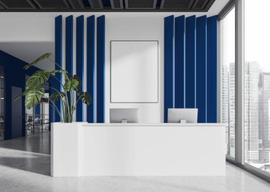 Beyaz masalı, koltuklu, Singapur gökdelenlerinde panoramik pencereli mavi ve beyaz resepsiyon lobisi. Duvara çadır bezi posteri asın. 3B görüntüleme