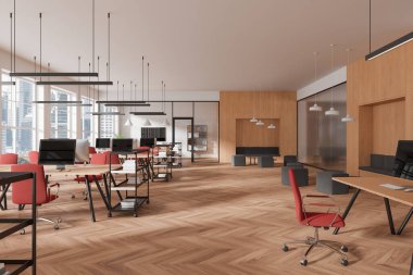 Çalışma alanı olan ahşap ofis içi, sıralardaki bilgisayar masaları ve yumuşak yerleri olan dinlenme alanı. Bangkok 'ta panoramik pencereli cam toplantı odası. 3B görüntüleme