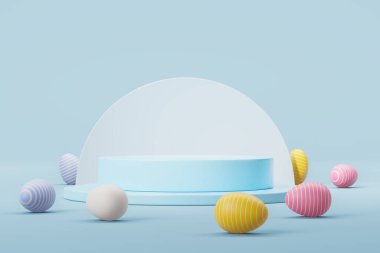 Mavi arka planda renkli Paskalya yumurtalarıyla çevrili yuvarlak ürün ekran masası görüntüsü. Paskalya kutlaması ve reklam kavramı. 3d oluşturma