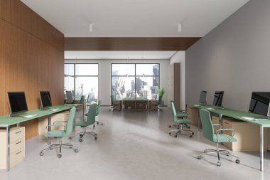 Masalarda bilgisayar ve beton zemin olan şık bir ofis. New York gökdelenlerinde panoramik penceresi olan minimalist bir çalışma alanı. 3B görüntüleme