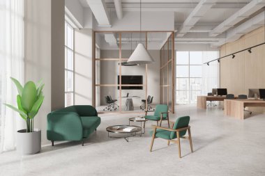 Modern ofis bekleme odasının içinde bej duvarlar, beton zemin ve rahat yeşil kanepe ve sehpanın yanında duran koltuklar. 3d oluşturma