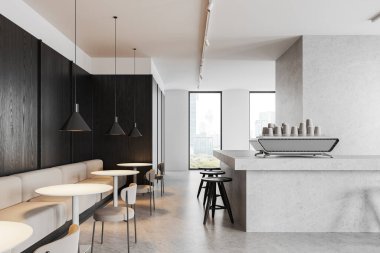 Barın içinde taş tezgah, sıra sıra tabure, kahve makinesi ve duvarda sandalye ve kanepe olan bir yer. Bangkok gökdelenlerinin panoramik penceresi. 3B görüntüleme