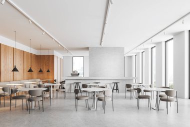 Beyaz ve ahşap duvarlı modern kafe, beton zemin, sandalyeli yuvarlak yemek masaları ve rahat beyaz koltuklar. 3d oluşturma