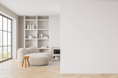 Kanepe, şömine, sehpa ve dekorasyonlu raflı modern ev içi oturma odası. Bangkok gökdelenlerinin panoramik penceresi. Boş beyaz duvar bölmesini düzenle. 3B görüntüleme