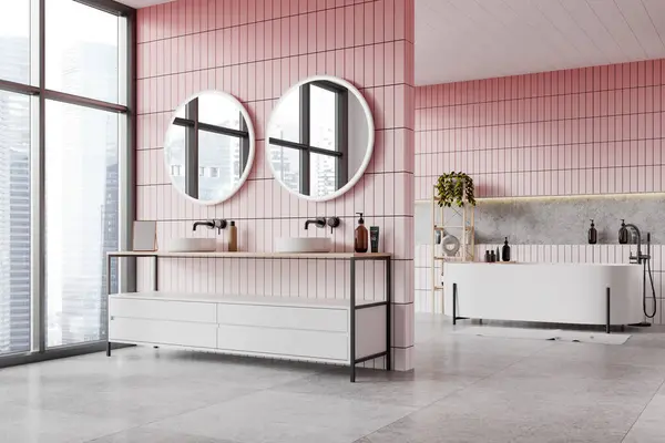 Canto Moderna Casa Banho Com Paredes Azulejo Rosa Piso Azulejo — Fotografia de Stock