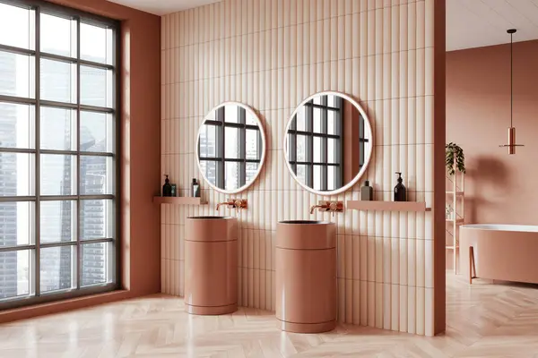 Esquina Baño Interior Moderno Con Paredes Color Beige Suelo Madera —  Fotos de Stock