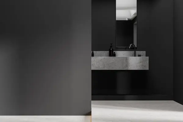 Modern Dark Hotel Bathroom Interior Stone Sink Shelf Accessories Tall — Stock Photo, Image