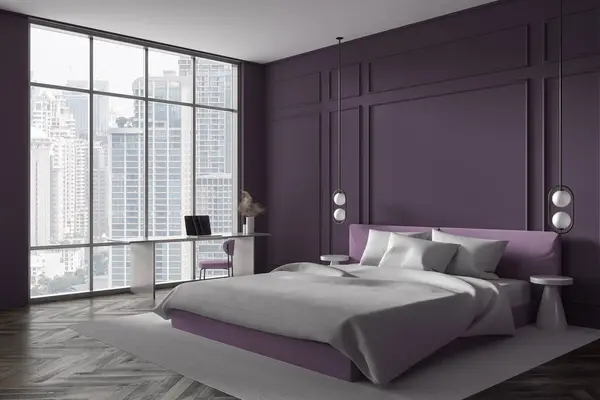 Coin Chambre Moderne Avec Des Murs Violets Sol Bois Foncé — Photo