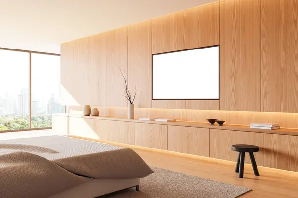 Corner Stylish Bedroom Wooden Walls Floor Comfortable King Size Bed — Stock Photo, Image
