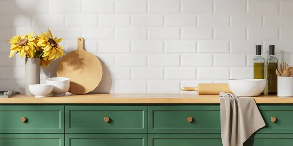 Interior Cocina Moderna Con Paredes Blancas Cómodos Armarios Verdes Pie — Foto de Stock
