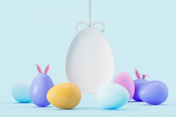 バニーの耳で卵を塗り 青い背景にコピースペースイースターの挨拶をモックします イベント お祝いのコンセプト 3Dレンダリングイラスト — ストック写真