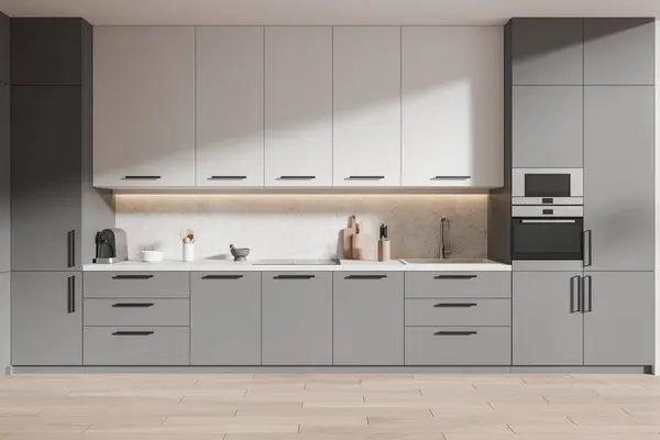 Luxury Grey Home Kitchen Interior Cabinet Kitchenware Shelves Appliances Stylish — Stock Photo, Image