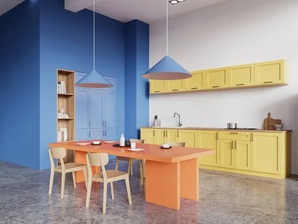 色彩艳丽的家庭厨房内部角落 有餐桌和椅子 灰色混凝土地板 现代餐厅和有架子和装饰的炊具柜 3D渲染 — 图库照片