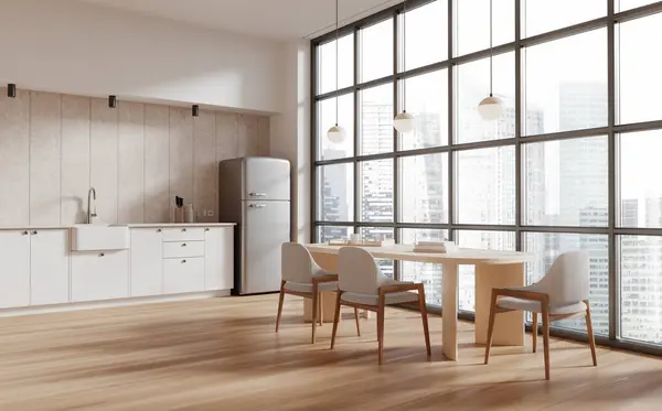 Ecke Der Modernen Küche Mit Weißen Und Beigen Wänden Holzboden — Stockfoto