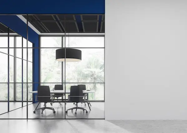 Interior of modern office meeting room with white and blue walls, concrete floor, long conference table with back chairs and copy space wall on the right. 3d rendering