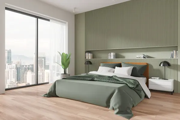 Corner view of home bedroom interior with bed, nightstand with books and lamp, hardwood floor. Sleep room with panoramic window on Kuala Lumpur. 3D rendering