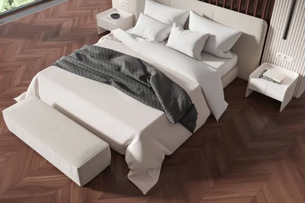 Top view of luxury home bedroom interior bed, nightstand with books on hardwood floor. Modern sleeping corner with panoramic window on tropics. 3D rendering