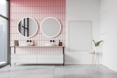 Pembe ve beyaz otel banyosu, çift lavabo, beton döşeme. Gökdelenlerde panoramik penceresi olan şık bir banyo alanı. Uzay tuvali posterini kopyala. 3B görüntüleme