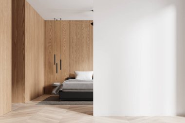 Ahşap ve beyaz otel odası. Yatak odası. Yatak çarşafları, yerde halı. Rahat bir yer, komodin ve dekorasyonla. Boşluk duvarını kopyala. 3B görüntüleme